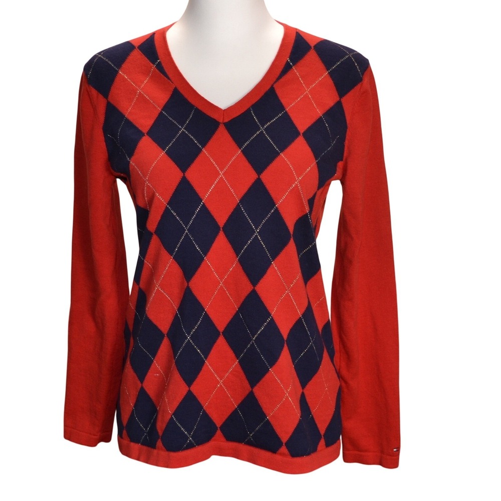 Tommy Hilfiger V Neck Preppy Casual Argyle Knit Winter Fall Sweater‎ Red Blue